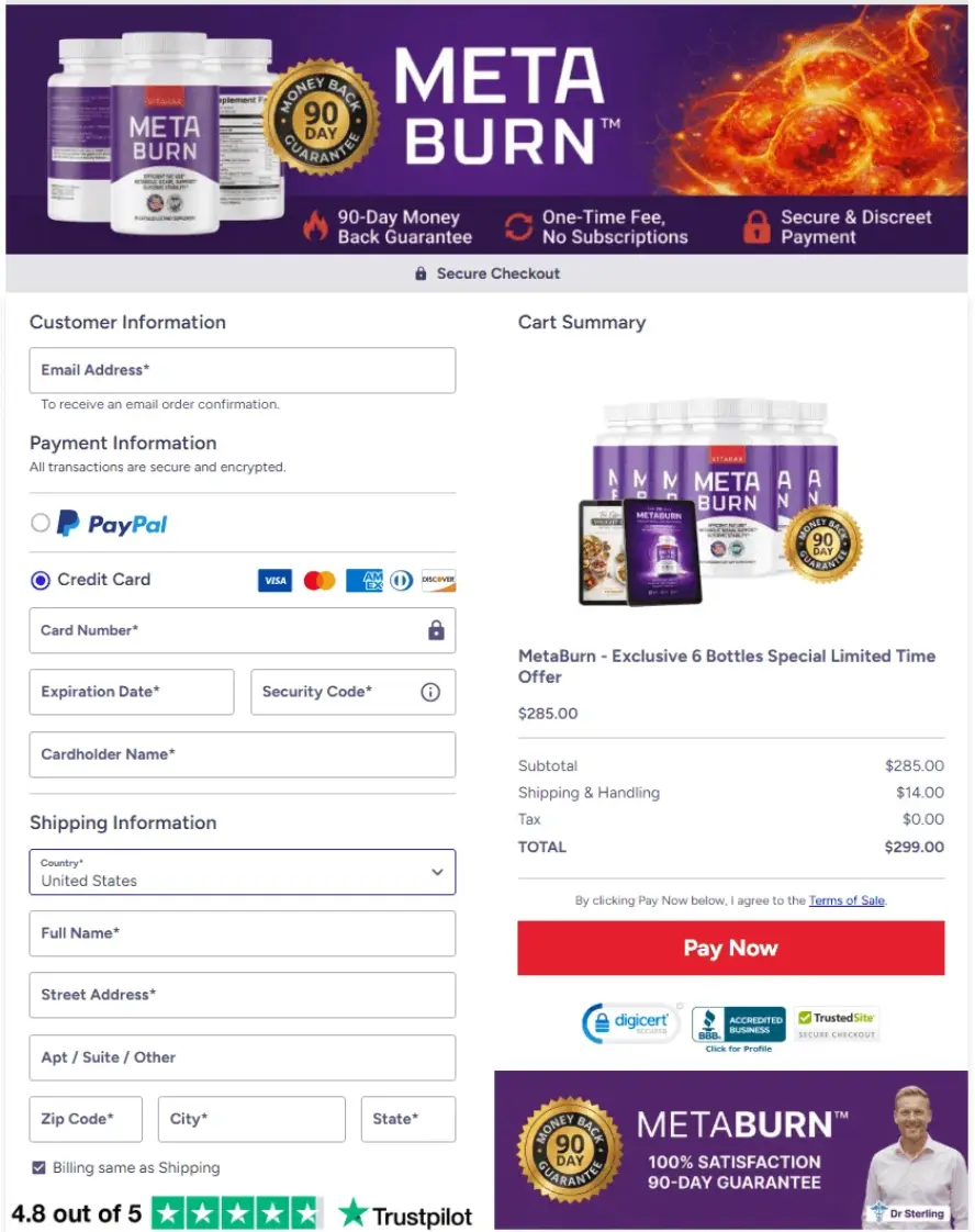 MetaBurn secure checkout badge with SSL protection